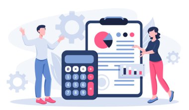 Mali denetim konsepti. Erkek ve kadın hesap makinesinin yanında ve istatistikleri olan bir pano. Finansal okuryazarlık, muhasebe ve bütçe. Yatırım ve ticaret. Düz vektör illüstrasyonu