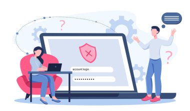 Adam şifreyi unutmuş. İşadamı web sitesine giriş yapıyor. Elektronik posta ya da sosyal medyaya kaydolun. Profil ya da hesaba girin. Düz vektör çizimi beyaz arkaplanda izole edildi