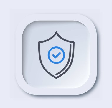 Sigorta doğrusal simgesi. Mavi keneli kalkan. Kişisel bilgi güvenliği ve güvenliği. Web sitesi için minimalist ui ve ux tasarımı. Taslak vektör çizimi beyaz arkaplanda izole edildi