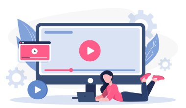 Medya oyuncusu olan bir kadın. Dizüstü bilgisayarı olan genç kız video izliyor. Eğlence ve içerik internet, video sunucu ve sosyal medya. Düz vektör çizimi beyaz arkaplanda izole edildi