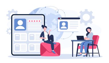 Çevrimiçi ağ kuranlar. Kadın sosyal ağlarda yorumlar yazıyor. Sıralama ve derecelendirme. Kullanıcılar internetten geri bildirim ve eleştiri yapıyor. Düz vektör çizimi beyaz arkaplanda izole edildi