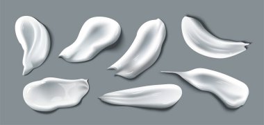 Gerçekçi krem örnekleri. Kremsi desenli kozmetik cilt bakım ürünleri. Nemlendirici, vücut temizleyici ya da fırçalayıcı madde. Arka planda 3 boyutlu vektör illüstrasyon koleksiyonu izole edildi