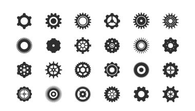 Vites ayarlandı. Siyah siluetleri, vidaları ve dişlileri olan simgeler. Ayarlama ya da bakım sembolü. Uygulama veya web sitesi için tasarım ögesi. Düz vektör illüstrasyon koleksiyonu arkaplanda izole