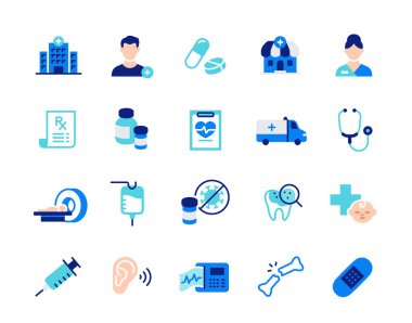 Sağlık Simgeleri Ayarlandı. Tıpla ilgili renkli işaretler. Hasta, hastane, kardiyogram, yaralanma, enfeksiyon önleme, doktor, iğne. Düz vektör illüstrasyon koleksiyonu arkaplanda izole