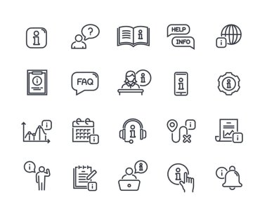 Bilgi merkezi satır simgeleri ayarlandı. Kılavuz, Çağrı Merkezi, Soru işareti, SSS ve Müşteri Destek Servisi ile basit semboller. Düzenlenebilir felç. Taslak vektör illüstrasyon koleksiyonu arkaplanda izole edildi