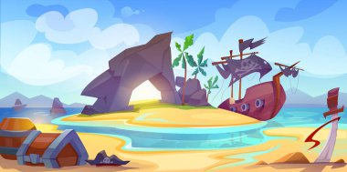 Korsan adası manzarası. Sandıklı sandık okyanusun ortasındaki tropik adanın kumlu sahilinde gömülü. Denizde yüzen siyah yelkenli korsan ahşap gemi. Çizgi film vektör illüstrasyonu