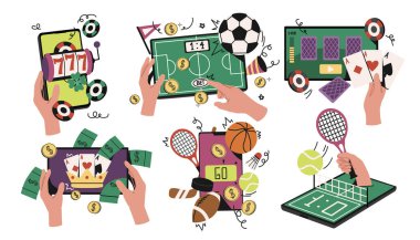 Çevrimiçi spor bahisleri oynayan bir grup insan. Akıllı telefonları tutan ve şans oyunu oynayan karakterler. Bahisçilerde futbol ve tenis bahisleri. Düz vektör çizimi arkaplanda izole edildi