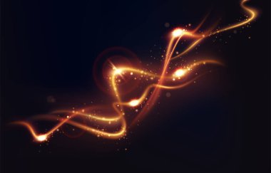 Parlayan tozlar ve parıltılarla sihirli altın rüzgar. Parlak altın kuyruklu yıldızı, ışıldayan yıldızları ve bokeh parçacıkları olan şenlikli bir pankart. Kartpostal için tasarım. Siyah arkaplanda gerçekçi vektör çizimi