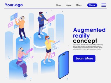 Sanal artırılmış gerçeklik. İniş sayfası şablonu, iş süreçlerinde yer alan, VR gözlükleriyle öğrenen ve eğlenen insanlarla dolu. Modern dijital teknolojiler. Isometric 3B vektör illüstrasyonu