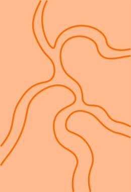 Soyut desenli poster. Turuncu arkaplanda kırmızı çizgisel siluet. Minimalist yaratıcılık ve sanat. Kitapçık ya da broşür. Tekrar eden tasarım ögesi, kusursuz desen. Düz vektör illüstrasyonu