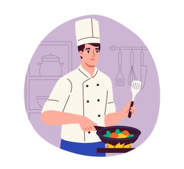 Yemek pişirme sahnesi. Aşçı şapkalı adam sebze kızartıyor. Sağlıklı beslenme ve vitaminli yemek. Mutfak ve yemek hazırlığı. Düz vektör çizimi beyaz arkaplanda izole edildi