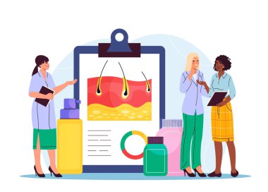 Dermatologlardan oluşan bir ekip. Tıp üniformalı kadın derinin yapısını inceliyor. Dermatoloji ve kozmetoloji. Sağlık ve ilaç servisi. Kozmetik ürünleri olan doktorlar. Düz vektör illüstrasyonu