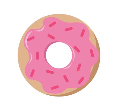 Donut 'ın en iyi manzarası. Pembe jöleli çörek. Tatlı ve lezzet. Ev yapımı pasta ve fırın. Sağlıksız ama lezzetli yiyecekler. Sosyal ağlar için etiket. Düz vektör illüstrasyonu