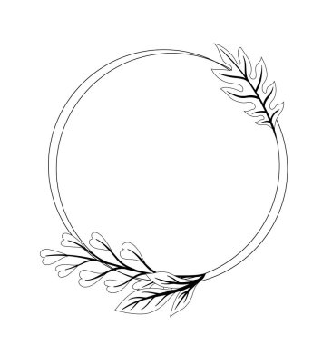 Yapraklı çerçeve. Yuvarlak dekoratif öğe ve bölücü. Viktorya döneminden kalma. Dalları olan geometrik bir figür. Şablon ve düzen. Düz vektör çizimi beyaz arkaplanda izole edildi
