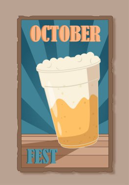 Ekim Festivali poster konsepti. Biralı bardak. Geleneksel Alman bayramı ve festivali. Alkolik içecek. Sıçrama ürünü. Şablon ve düzen. Düz vektör çizimi gri arkaplanda izole edildi