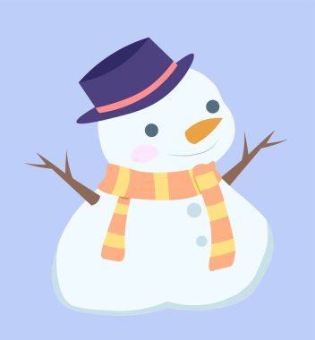 Şapkalı sevimli kardan adam. Atkı ve şapkalı kartoplarından bir adam. Soğuk mevsim, yeni yıl ve Noel, Noel arifesi. Aralık ya da Ocak. Şablon ve düzen. Düz vektör illüstrasyonu