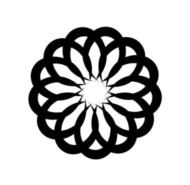 Dairesel siyah-beyaz kıvrım. Atomun yapısı. Soyut minimalist yaratıcılık ve sanat. Döndürme etkisi. Logot ve amblem. Düz vektör çizimi beyaz arkaplanda izole edildi