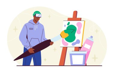 Sanal gerçeklik sanatçısı. VR gözlüklü, tuvale fırça boyalı bir adam. Stüdyoda ressam. Hobi ve boş zaman. Yaratıcılık ve sanat. Meta-evren ve siber uzay. Düz vektör illüstrasyonu