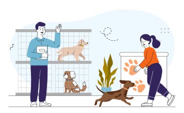 Hayvan barınağındaki insanlar. Kadın ve erkek köpeklerle kafeslerin yanında. Gönüllüler ve aktivistler. Cömertlik ve nezaket. İnsanlar evcil hayvanları ve evcil hayvanları önemser. Doğrusal vektör çizimi