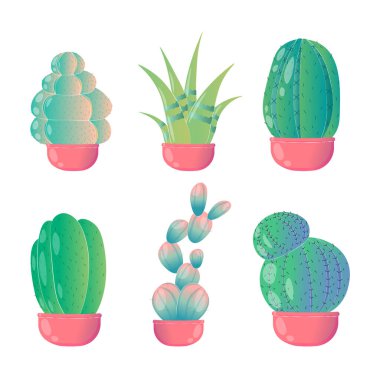 Kaktüs seti. Tropikal ve egzotik bitkiler. Çiçek açar ve çiçek açar. Meksika bitkisi, çöl. Bahçıvanlık, botanik ve bahçıvanlık. Düz vektör koleksiyonu beyaz arkaplanda izole edildi