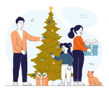 Aile dekorasyonu Noel ağacı. Erkek, kadın ve kız Noel ağacının altına hediye kutuları koydular. Kış tatili ve festival, Noel arifesi. Hediyeli insanlar. Doğrusal vektör çizimi