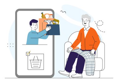 Bakkaliye teslimatı. Çocuk yaşlı adam için yiyecek verir. Elektronik ticaret ve pazarlama, eve teslim. Yaşlı kişi internetten meyve ve sebze satın alır. Doğrusal vektör çizimi
