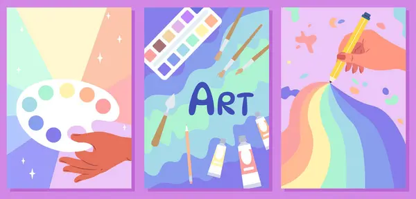Sanat posterleri. Palet ve kalemle. Fırçalı boyalar. Yaratıcılık ve sanat. Hobi ve boş zaman. Kapaklar ya da afişler. Düz vektör koleksiyonu menekşe arkaplanda izole edildi