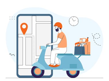 Hızlı teslimat konsepti. Akıllı telefonun arka planında yemek sürüşleri olan scooterlı bir adam. Motosikletli kurye haritanın yanında GPS pimi var. Nakliye ve ulaşım. Doğrusal vektör çizimi