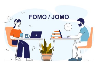Fomo ve Jomo iş başında. Dizüstü bilgisayarı olan bir adam, kulaklıklı bir kadın. Kaçırma korkusu, kaçırmanın hazzına karşı. Farklı psikolojileri olan insanlar. Doğrusal vektör çizimi