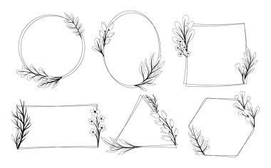 Yapraklı çerçeveler. Tropikal ve egzotik dalları olan çerçeveler ve desenler. Videolar ve dekoratif öğeler. Botanik çerçeveler. Beyaz arkaplanda izole edilmiş doğrusal vektör koleksiyonu