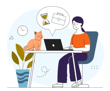 Kedili Freelancer. Dizüstü bilgisayarı olan bir kadın evde kedisiyle oturuyor ve internetten para kazanıyor. Rahat işyerindeki uzaktan çalışan. Çevrimiçi kazanç. Doğrusal vektör çizimi