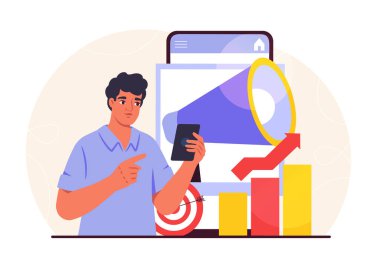 Pazarlamacı adam konsepti. Grafiklerin ve grafiklerin yanında hoparlörleri olan genç bir adam. SMM uzmanı internet ve sosyal ağlarda tanıtıyor. Reklam ve pazarlama. Düz vektör illüstrasyonu