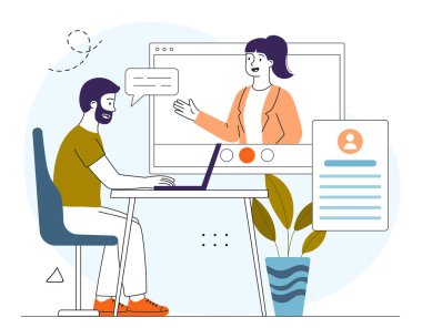Çevrimiçi iş görüşmesi. Laptoplu bir adam ve video aracılığıyla iletişim kuran bir kadın. Kelle avcılığı ve adam toplama. İnsan Kaynakları müdürü iş adayı ile iletişim kuruyor. Doğrusal vektör çizimi