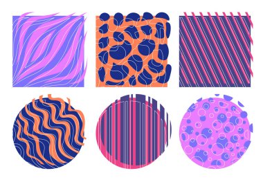 Pop tarzı elementler ayarlandı. Mor dalgalı desenler ve süsler. Doku ve duvar kağıdı. Memphis tarzı sanat objeleri. Yuvarlak çıkartmalar. Düz vektör koleksiyonu beyaz arkaplanda izole edildi