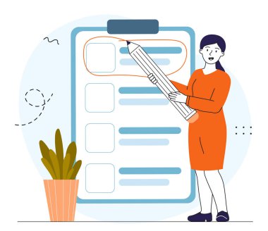 Görev önceliği kavramı. Hedefleri ve görevleri olan büyük kalemli bir kadın. Zaman yönetimi ve etkin iş akışının organizasyonu. Planlama ve teslim tarihlerini belirleme. Doğrusal vektör çizimi