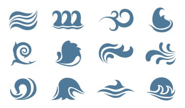 Dalga simgeleri ayarlandı. Dalgalı sular ve girdaplar. Deniz seyahati. Su altı dünyası. Deniz ya da okyanus. Su ve su. Akış ve su sıçratma. Düz vektör koleksiyonu beyaz arkaplanda izole edildi