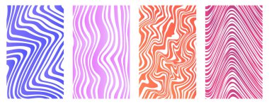 Dalgalı desenler ayarlandı. Pembe, kırmızı, mavi ve mor soyut, dikişsiz desenler. Modaya uygun ve havalı süsler. Estetik ve zarafet. Düz vektör koleksiyonu beyaz arkaplanda izole edildi