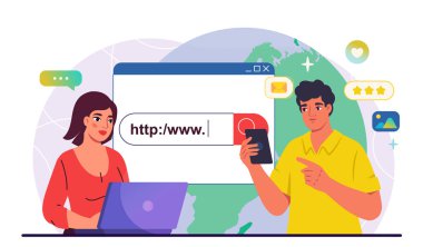 Web arama konsepti. Akıllı telefonu olan bir adam ve dizüstü bilgisayarı olan bir kadın web sitesine giriyor. İnsanlar internette sörf yapıyor. Çevrimiçi bilgi ve bilgiler. Düz vektör illüstrasyonu