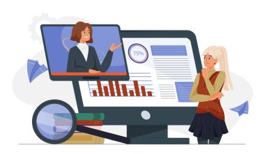 Bir kadın ekranda bir sunum izliyor, büyüteç takıyor ve etraftaki elementleri bildiriyor. Düz stil, beyaz arka plan. E-öğrenme ve analiz kavramı. Vektör illüstrasyonu.