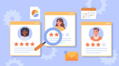 Yıldız reytingli aday profilleri, büyüteç, takvim ve açık mavi zemin üzerine dökümanlar. İşe alım ve değerlendirme kavramı. Vektör illüstrasyonu.