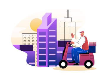 Bir teslimatçı, şehir manzarasında paketleri olan bir scooter 'a biniyor. Değişik renkler, modern düz dizayn, beyaz zemin. Kentsel dağıtım hizmetleri kavramı. Vektör illüstrasyonu
