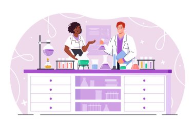 İki bilimadamı bir masada laboratuvar ekipmanlarıyla deneyler yapıyor, önlüklerini pastel arka planda giyiyorlar. Kimya, takım çalışması ve araştırma konsepti. Vektör illüstrasyonu