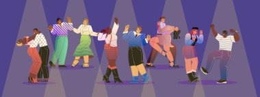 Mor bir arka planda sahne ışıkları altında dans etmekten hoşlanan bir grup insan. Eğlence ve kutlama kavramı. Vektör illüstrasyonu