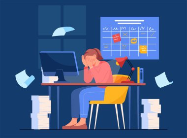 Masada oturan stresli bir kadın. Yüzü ellerinde. Etrafı kağıt yığınları, bilgisayar ve lambayla çevrili. Düz stil. İş baskısı kavramı. Vektör illüstrasyonu.