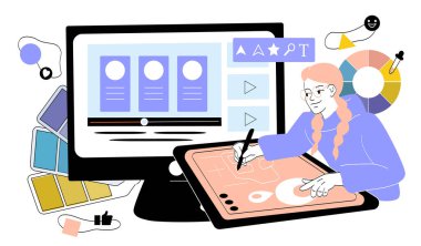 Renk paletleri ve tasarım araçlarıyla çevrili bir tablet ve bilgisayar üzerinde çalışan tasarımcı, beyaz zemin üzerinde düz stil. Yaratıcılık kavramı. Vektör illüstrasyonu