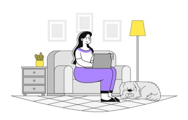 A woman sitting on a couch using a laptop, with a dog lying nearby, a lamp, and furniture around. Minimalist style on a white background. Home office concept. Vector illustration clipart