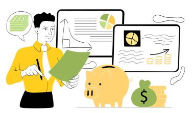 Finansal belgeleri analiz eden adam, kumbara, ve ekranlardaki grafikler, düz grafik tarzı, beyaz arka plan. Tasarruf ve yatırım kavramı. Vektör illüstrasyonu