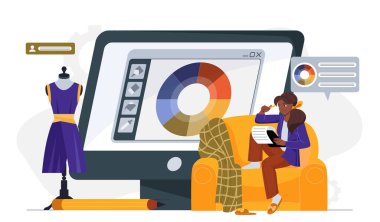 Bilgisayarlı kıyafetler tasarlayan bir kadın, ekranda renk paleti tekerleği, yakınlarda manken, yaratıcı çalışma alanı konsepti. Vektör illüstrasyonu