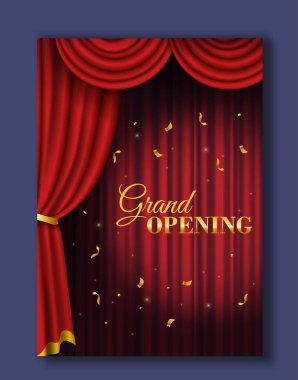 Altın metinli zarif kırmızı perde Büyük Açılış ve koyu arkaplanda konfeti. Şenlikli ve lüks tasarım. Vektör illüstrasyonu