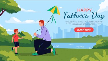 Yeşillik, göl ve arka planda şehir manzarası olan bir parkta uçurtma uçuran bir baba ve oğul. Babalar Günü pankartı. Vektör illüstrasyonu
